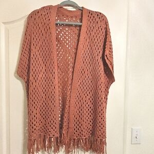 Pink Open Front Cardigan with Loose Knit and Fringe Nwot